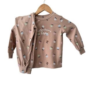 Ribbed Floral Kids Matching Set - Brown with Multicolor Flowers 2T